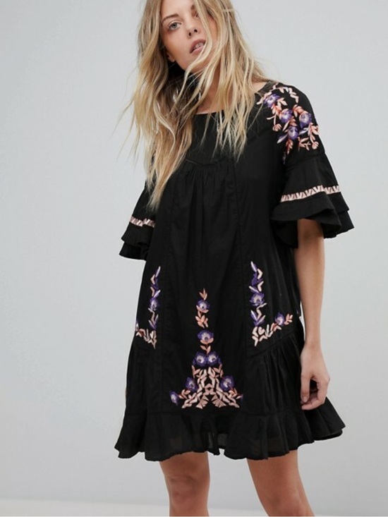 Free People Dresses & Skirts - Free People Embroidered Black Mini Dress XS – Fall Boho Floral Back‑to‑School
